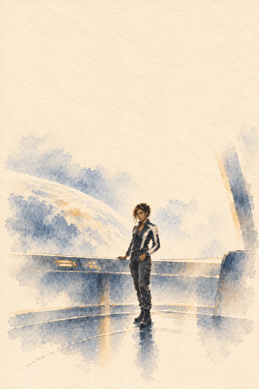 Watercolor of Juli in a dark flight jacket with white panels, standing beside a ship console beneath a pale planetary curve.