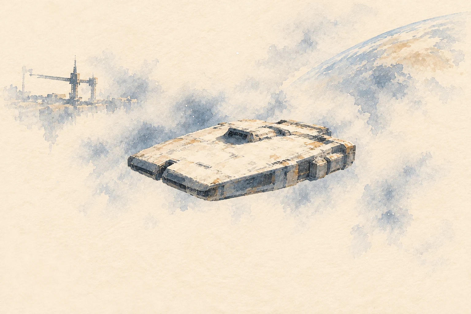 Watercolor of Helena's broad, rounded-square Explorer hull drifting near a faint station and planetary horizon.